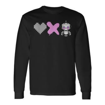 Love Death Robots Pink Pixel Heart X And Cute Robot Long Sleeve T-Shirt - Monsterry DE