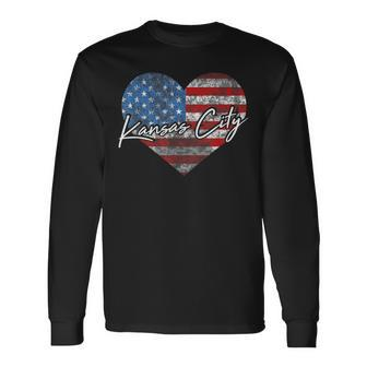 I Love Kansas City American Flag Heart Souvenir Long Sleeve T-Shirt - Monsterry UK