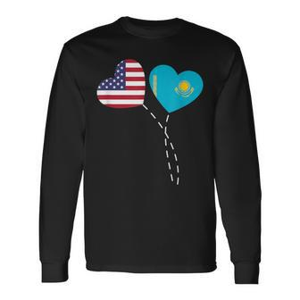 Loving Usa Kazakhstan Flag Heart Kazakh Americans Love Long Sleeve T-Shirt - Monsterry UK