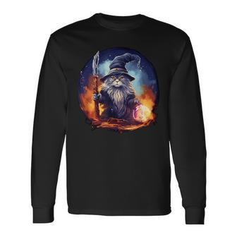 Magical Feline Sorcerer Enchanting Wizard Cat Long Sleeve T-Shirt | Mazezy