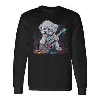 Maltese Dog Playing Electric Guitar Rock Long Sleeve T-Shirt - Thegiftio UK