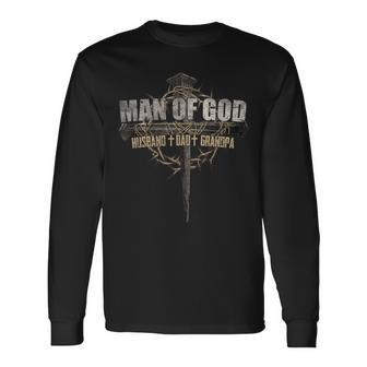 Man Of God Husband Dad Religious Cross Father's Day Faith Long Sleeve T-Shirt - Thegiftio UK