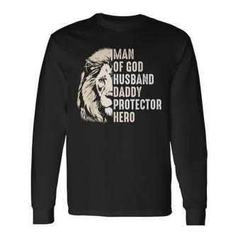 Man Of God Husband Daddy Protector Hero Lion Father's Day Long Sleeve T-Shirt - Thegiftio UK