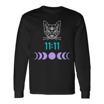 Manifestation Cat And Moon Phase 11 11 Eleven Eleven Purple Long Sleeve T-Shirt - Monsterry