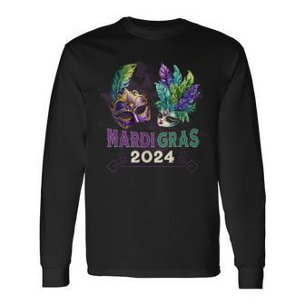 Mardi Gras 2024 Jester Feather Masks Carnival Parade Party Long Sleeve T-Shirt | Mazezy