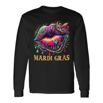 Mardi Gras Lips Queen Beads Mask Carnival Colorful Long Sleeve T-Shirt - Monsterry DE