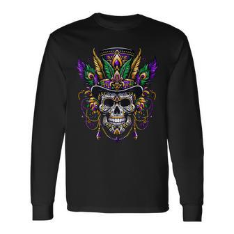 Mardi Gras Skull Top Hat New Orleans Witch Doctor Voodoo Long Sleeve T-Shirt - Monsterry