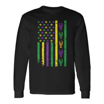 Mardi Gras Us American Flag With Crawfish New Orleans Long Sleeve T-Shirt | Mazezy