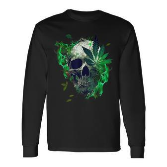 Marijuana Skull Smoke Weed Cannabis 420 Pot Leaf Sugar Skull Long Sleeve T-Shirt | Mazezy