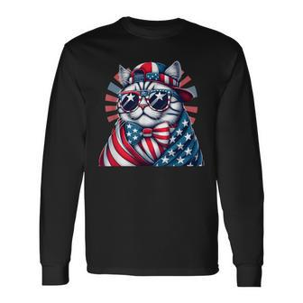 Memorial Day For Fathers Day Cat Sunglasses Flag Usa Long Sleeve T-Shirt - Seseable