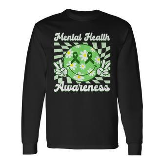 Mental Health Awareness Smile Face Checkered Green Ribbon Long Sleeve T-Shirt | Mazezy