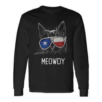 Meowdy Cat Meme Texas Sunglasses With Tx Flag Long Sleeve T-Shirt - Monsterry CA