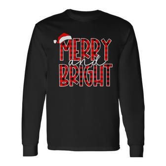 Merry And Bright Buffalo Plaid Red Santa Hat Christmas Xmas Long Sleeve T-Shirt - Seseable