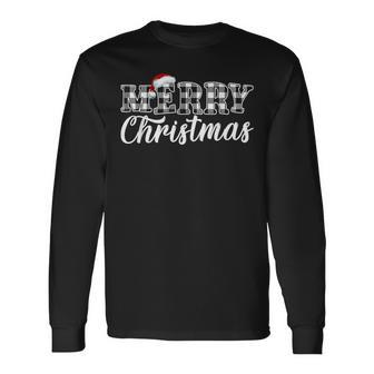 Merry Christmas Buffalo Plaid Black And White Santa Hat Xmas Long Sleeve T-Shirt - Seseable