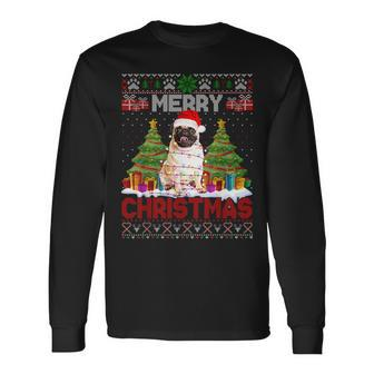 Merry Christmas Santa Light Pug Dog Family Ugly Sweater Long Sleeve T-Shirt - Seseable
