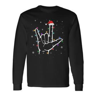 Merry Christmas Sign Language Asl Santa Hat Christmas Lights Long Sleeve T-Shirt - Thegiftio UK