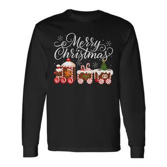 Merry Christmas Train Santa Claus Gingerbread House Pajamas Long Sleeve T-Shirt - Seseable