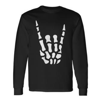 Metal Horns Skeleton Hand Heavy Metal Rock Long Sleeve T-Shirt - Monsterry