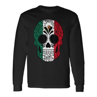 Mexico Flag Sugar Skull Mexican Long Sleeve T-Shirt - Monsterry DE