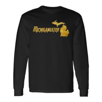 Michigangster Gold Detroit Michigan Midwest Mitten Long Sleeve T-Shirt - Monsterry