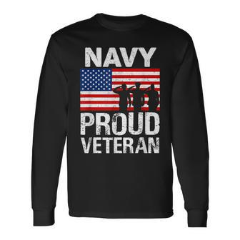 Military Red White Blue Flag Proud Navy Veteran Long Sleeve T-Shirt - Monsterry CA
