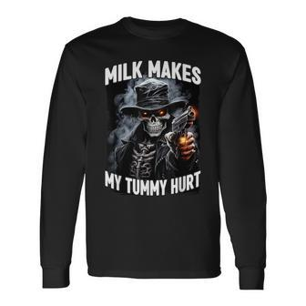 Milk Makes My Tummy Hurt Cringe Skeleton Long Sleeve T-Shirt - Seseable