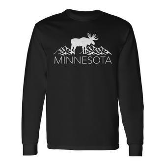 Minnesota Moose And Mountains Souvenir Nature Long Sleeve T-Shirt - Monsterry