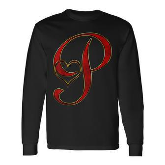 Monogram Initial Letter P Red Heart Long Sleeve T-Shirt - Monsterry AU