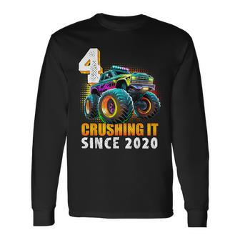 Monster Truck 4 Year Old Boys 4Th Birthday Party Born 2020 Long Sleeve T-Shirt | Mazezy