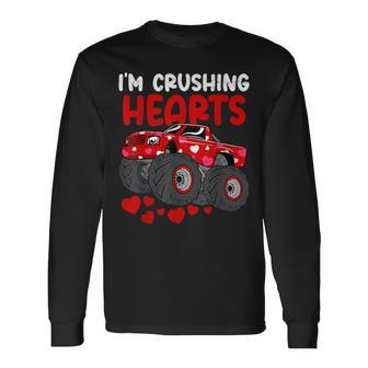 Monster Truck Crushing Crush Hearts Day Happy Valentines Long Sleeve T-Shirt - Seseable