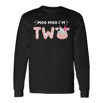 Moo Moo I'm Two 2Nd Birthday Outfit Cow Farm Animals Lover Long Sleeve T-Shirt - Monsterry