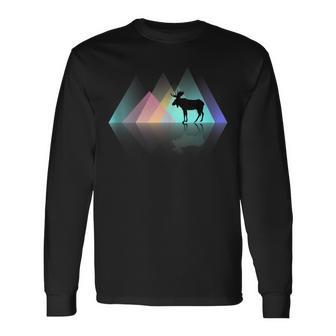 Moose Mountain Cute Colorful Geometric Pattern Silhouette Long Sleeve T-Shirt - Monsterry