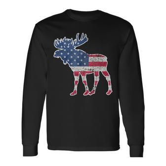 Moose Usa Flag Colorful Retro Vintage Long Sleeve T-Shirt - Monsterry