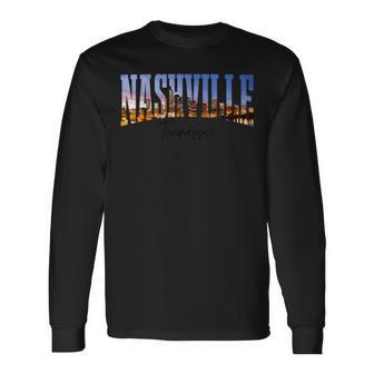 Nashville Tennessee Skyline Photograph Vintage Music City Long Sleeve T-Shirt - Monsterry