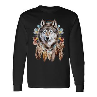 Native American Headpiece Native American Indian Wolf Long Sleeve T-Shirt - Thegiftio UK