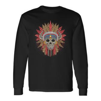 Native American Indian Chief Skull Motorcycle Headdress Red Long Sleeve T-Shirt - Monsterry AU