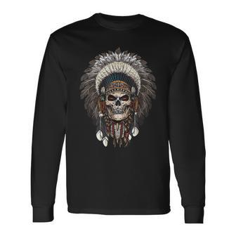 Native American Indian Chief Skull Motorcycle Rider Vintage Long Sleeve T-Shirt - Monsterry AU