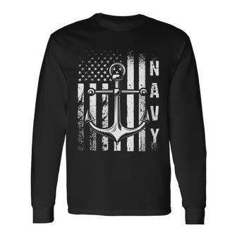 Navy Anchor And Us Flag Long Sleeve T-Shirt - Monsterry AU