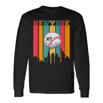 New York Ny Skyline Baseball Vintage Retro Met At Gameday Long Sleeve T-Shirt - Thegiftio UK