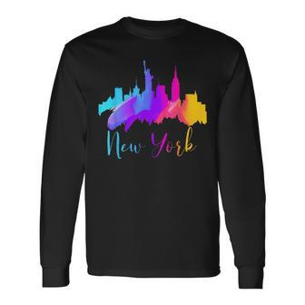 New York Watercolor Skyline Souvenir Nyc Liberty Big Apple Long Sleeve T-Shirt - Monsterry DE