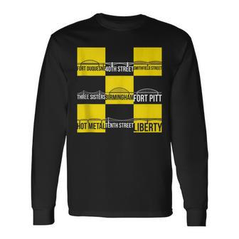 Nine Pittsburgh Bridges In Black And Yellow Long Sleeve T-Shirt - Monsterry
