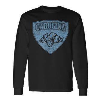 North Carolina Hero Emblem Distressed Blue Knockout Long Sleeve T-Shirt - Seseable