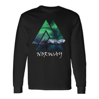 Norway Northern Lights Geometric Travel Long Sleeve T-Shirt - Monsterry