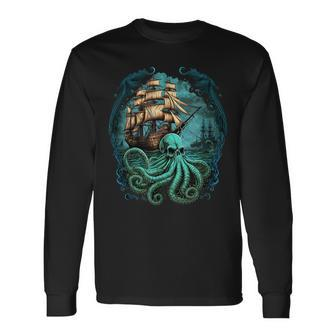 Octopus Kraken Pirate Ship Sailing Long Sleeve T-Shirt - Monsterry