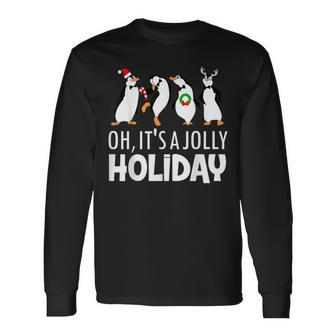 Oh It’S A Jolly A Holidays Christmas Penguin Box Santa Hat Long Sleeve T-Shirt - Monsterry