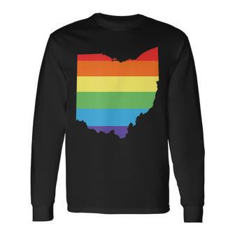 Ohio Gay Pride Flag In State Shape Lgbtq Ohioans Long Sleeve T-Shirt - Monsterry UK