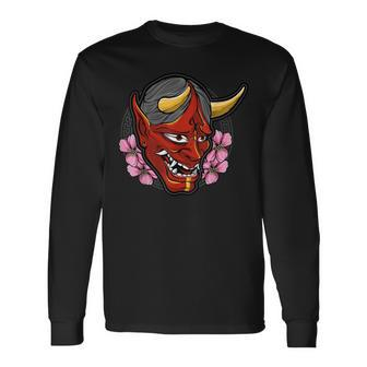 Oni Mask Japanese Demon Face Devil Ronin Long Sleeve T-Shirt - Monsterry