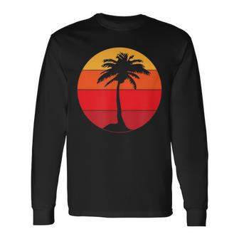 Pacific Ocean Beach Palm Tree Sun Retro Vintage Long Sleeve T-Shirt - Monsterry AU