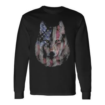 Patriotic America Grey Wolf Bust Usa Long Sleeve T-Shirt | Mazezy