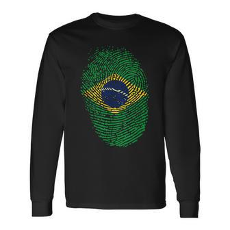 Patriotic Fingerprint Brazil Brazilian Flag Long Sleeve T-Shirt - Monsterry